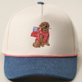 Golden Retriever Holding American Flag With A Denim Brim